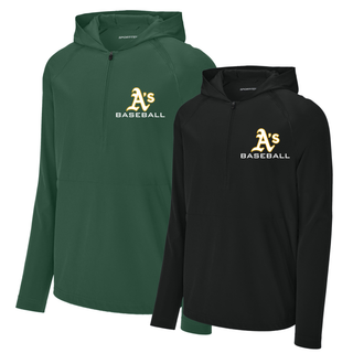 Topeka A’s Baseball Dugout long sleeve performance hooded quarter zip featuring the A’s Baseball chest logo shown in green and black athletic hooded quarter zip pullovers.