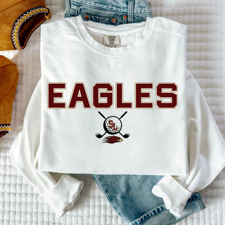 Silver Lake Eagles golf spirit top with maroon Eagles lettering, crossed golf clubs, and SL golf ball graphic on white apparel.