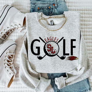 Silver Lake Eagles golf club fan top featuring golf lettering with crossed clubs, SL golf ball graphic, and eagle mascot on grey apparel.
