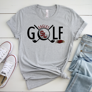 Silver Lake Eagles golf club fan top shown on Gildan apparel in ash grey, white, graphite heather, sand, sport grey, maroon, and black options.