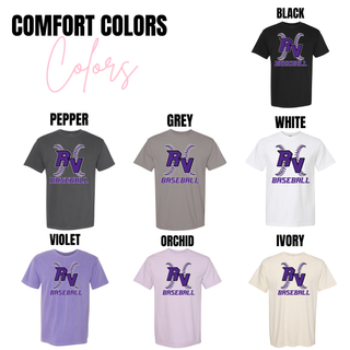 Royal Valley Panthers RV Baseball cross stitch graphic printed on Comfort Colors tees in pepper, grey, white, violet, orchid, and ivory color options.