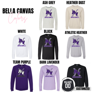 Royal Valley Panthers RV Baseball cross stitch apparel shown on Bella Canvas long sleeve and crewneck options including ash grey, heather dust, white, black, athletic heather, team purple, and dark lavender.