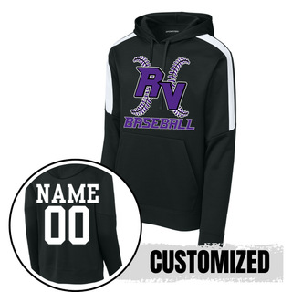 Royal Valley Panthers RV Baseball cross stitch fan favorite black hoodie with RV baseball graphic and optional custom name and number on the back.