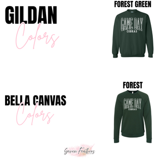 Gildan and Bella Canvas color options for Jackson Heights Game Day Cobras crewneck, forest green