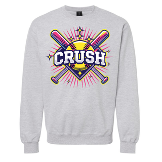 Crush softball graphic crewneck sweatshirt with crossed bats and softball starburst design on ash grey athletic apparel