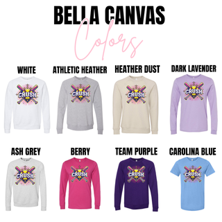 Crush softball graphic Gildan sweatshirt and shirt color options including ash grey white graphite heather sand heliconia sport grey carolina blue and purple