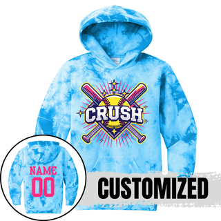 Blue Crush Softball cross bats starburst crystal tie dye hoodie with optional player name and number customization on back