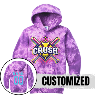 Purple Crush Softball cross bats starburst crystal tie dye hoodie front view with softball bat graphic