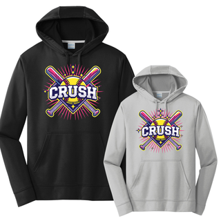 Crush Softball cross bats starburst performance fleece hoodie in black and grey featuring softball and crossed bats graphic for softball players and teams