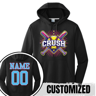 Crush Softball cross bats starburst performance fleece hoodie in black with optional custom player name and number on back softball team apparel