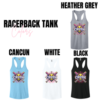 Crush softball cross bats starburst women's racerback tank color options heather grey cancun blue white and black softball team tank top