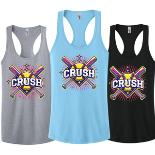 Crush softball cross bats starburst women's racerback tank top in heather grey cancun blue and black softball team spirit apparel