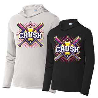 Crush Softball cross bats starburst competitor hooded performance pullover in black and grey featuring softball and crossed bats graphic athletic softball hoodie