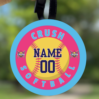 Crush softball custom bag tag with player name and number featuring yellow softball graphic with pink and blue team colors