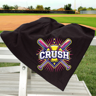Crush softball cross bats starburst fleece stadium blanket in black shown on baseball field bleachers softball fan blanket