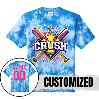 Crush softball cross bats starburst blue crystal tie dye tee with customizable player name and number softball team spirit shirt