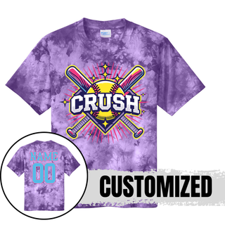Crush softball cross bats starburst purple crystal tie dye tee with optional custom name and number on back softball team shirt