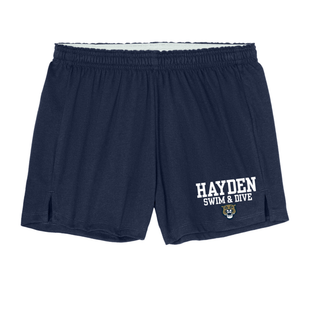 Hayden Swim and Dive women’s navy jersey knit shorts with logo and elastic waistband