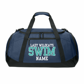 Hayden Swim Team faux glitter duffel bag in navy with Wildcats graphic and personalized name