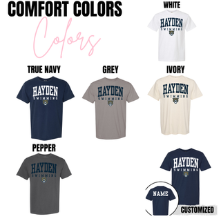 Hayden Swimming classic arch top Comfort Colors short sleeve options in white true navy grey ivory and pepper with optional back name customization