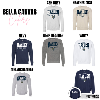 Hayden Swimming classic arch top Bella Canvas sweatshirt options in ash grey heather dust navy deep heather athletic heather and white with optional back name customization