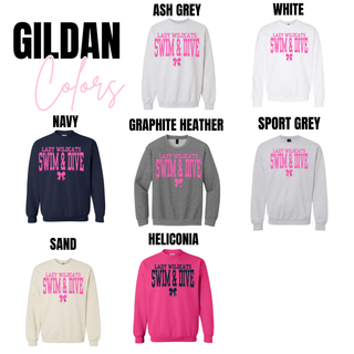 Lady Wildcats Swim and Dive spirit wear Gildan color options including navy, white, ash grey, graphite heather, sport grey, sand, and heliconia
