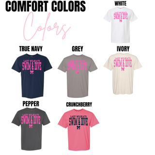 Lady Wildcats Swim and Dive spirit wear Comfort Colors options including true navy, grey, ivory, white, pepper, and crunchberry