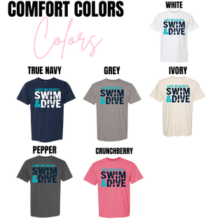 Lady Wildcats Swim and Dive block letter spirit wear Comfort Colors options including true navy, grey, ivory, white, pepper, and crunchberry
