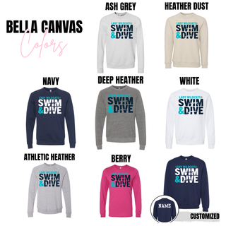 Lady Wildcats Swim and Dive block letter spirit wear Bella Canvas options including navy, ash grey, deep heather, white, heather dust, athletic heather, and berry with name customization option