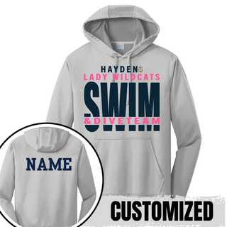 Lady Wildcats Swim and Dive performance fleece hoodie in grey with front graphic and name customization on back