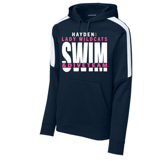 Lady Wildcats Swim and Dive fan favorite performance fleece hoodie in navy with white and pink graphic