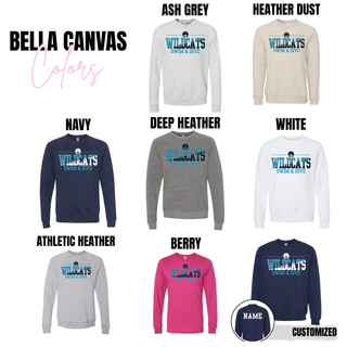 Wildcats Swim and Dive swimmer icon top Bella Canvas options including navy, ash grey, deep heather, white, heather dust, athletic heather, and berry with name customization option