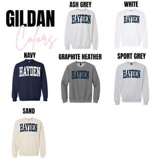 Hayden distressed collegiate spirit wear top Gildan options including navy, white, ash grey, graphite heather, sport grey, and sand