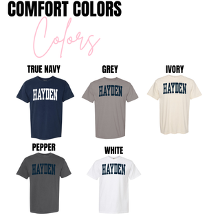 Hayden distressed collegiate spirit wear top Comfort Colors options including true navy, grey, ivory, white, pepper, and crunchberry