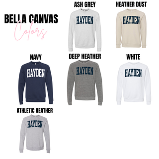 Hayden distressed collegiate spirit wear top Bella Canvas options including navy, ash grey, deep heather, white, heather dust, athletic heather, and berry