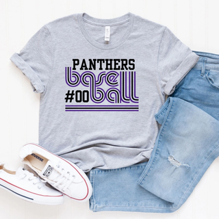 Royal Valley Panthers baseball retro player number spirit wear top in ash grey with purple and black graphic styled with denim shorts and sneakers