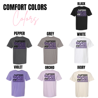 Royal Valley Panthers baseball retro player number spirit wear Comfort Colors options including black, grey, white, ivory, pepper, violet, and orchid