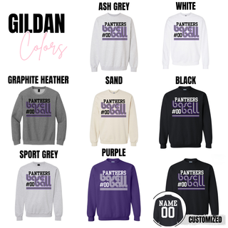 Royal Valley Panthers baseball retro player number spirit wear Gildan options including ash grey, white, black, graphite heather, sport grey, sand, and purple with name and number customization option