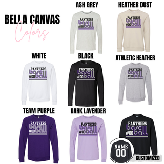 Royal Valley Panthers baseball retro player number spirit wear Bella Canvas options including ash grey, heather dust, white, black, athletic heather, team purple, and dark lavender with customization option