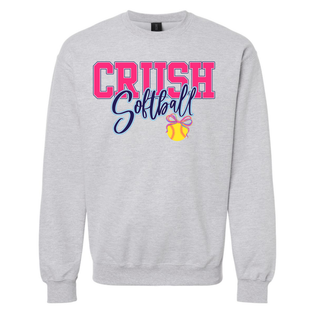 Crush softball spirit wear top in ash grey with pink and purple graphic and softball bow detail