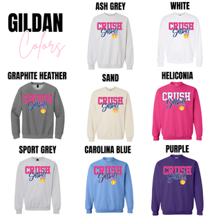 Crush softball spirit wear top Gildan options including ash grey, white, graphite heather, sand, heliconia, sport grey, carolina blue, and purple