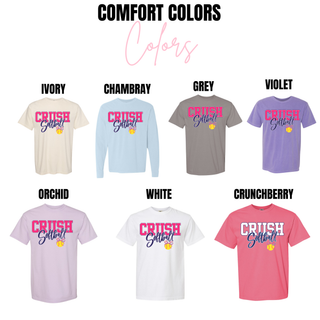 Crush softball spirit wear top Comfort Colors options including ivory, chambray, grey, violet, orchid, white, and crunchberry