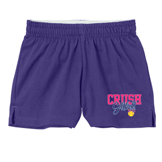 Purple Crush Softball jersey knit shorts with bow softball graphic flat lay product image