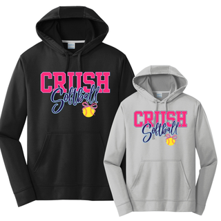 Crush Softball bow performance fleece hoodies in black and grey with bold softball graphic front design
