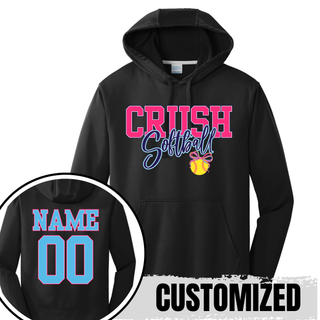 Black Crush Softball performance fleece hoodie with customizable name and number on back and bow softball graphic on front