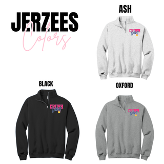 Crush Softball bow quarter zip pullovers in ash, black, and oxford color options with front softball graphic