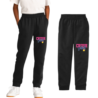 Black Crush Softball bow core fleece joggers with softball graphic and bow detail, front and flat lay view athletic fit