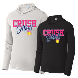 Crush Softball bow competitor hooded performance pullovers in grey and black with softball graphic front design