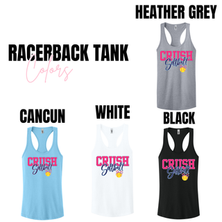 Crush Softball bow women’s racerback tank color options including heather grey, cancun blue, white, and black