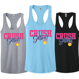Crush Softball bow women’s racerback tanks in grey, blue, and black with softball graphic front design